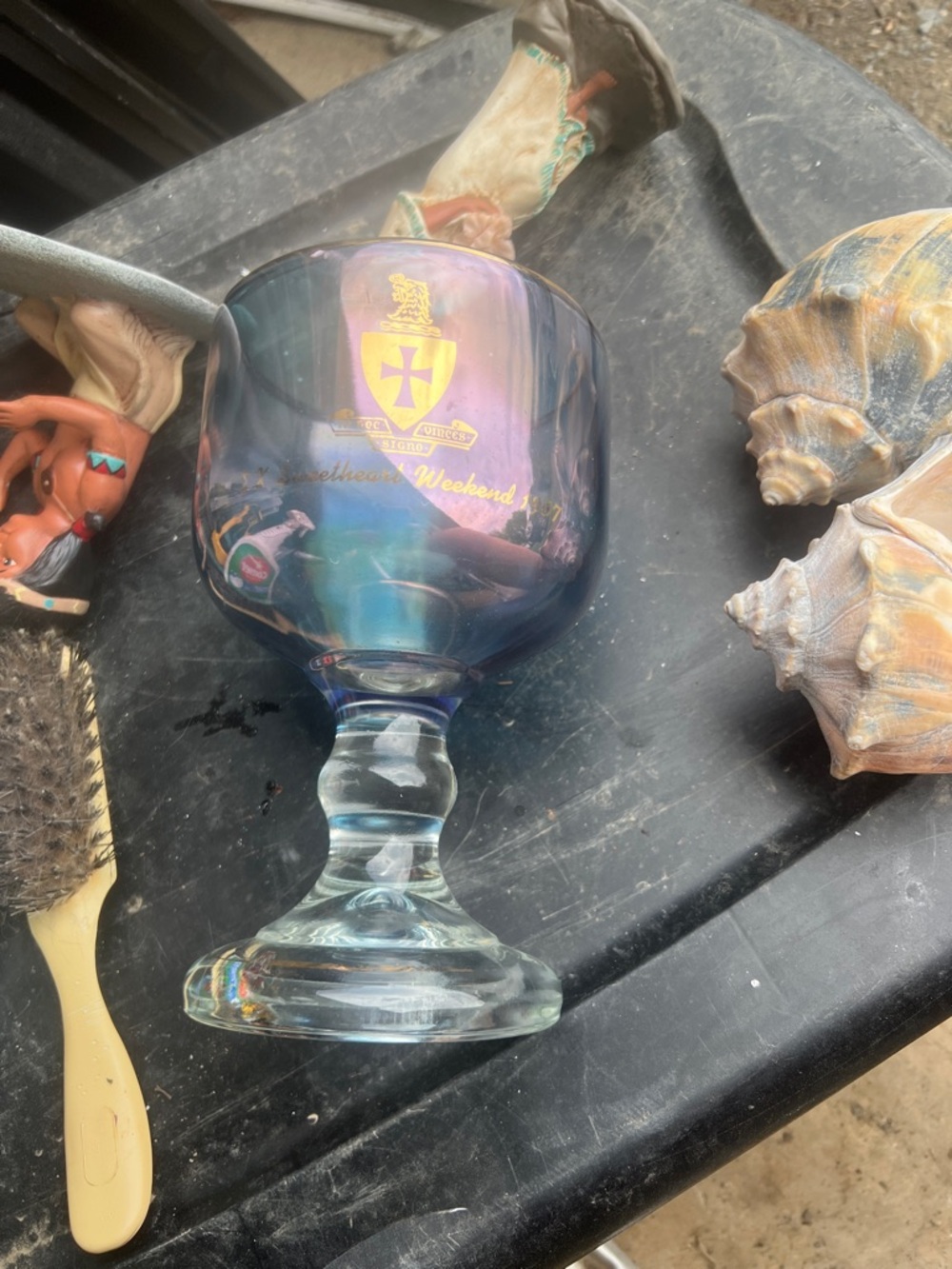 Iridescent Blue Goblet Wine Glass with Crest
